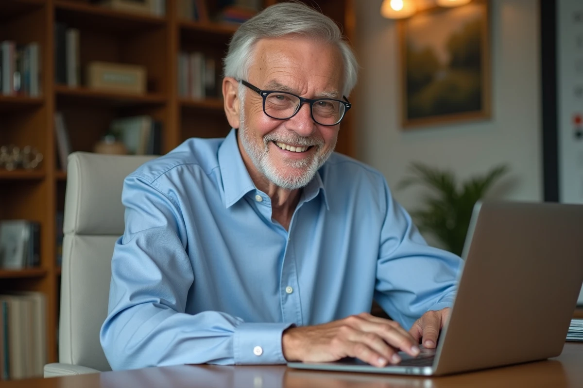 Homme senior souriant travaillant sur son ordinateur dans un bureau moderne