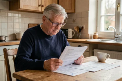 Un homme de 62 ans examine ses documents de retraite à une table de cuisine en bois, illustrant l'impact de la réforme des retraites 2026