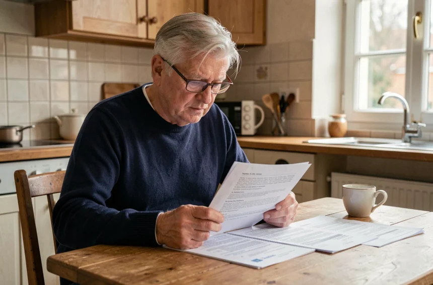 Un homme de 62 ans examine ses documents de retraite à une table de cuisine en bois, illustrant l'impact de la réforme des retraites 2026