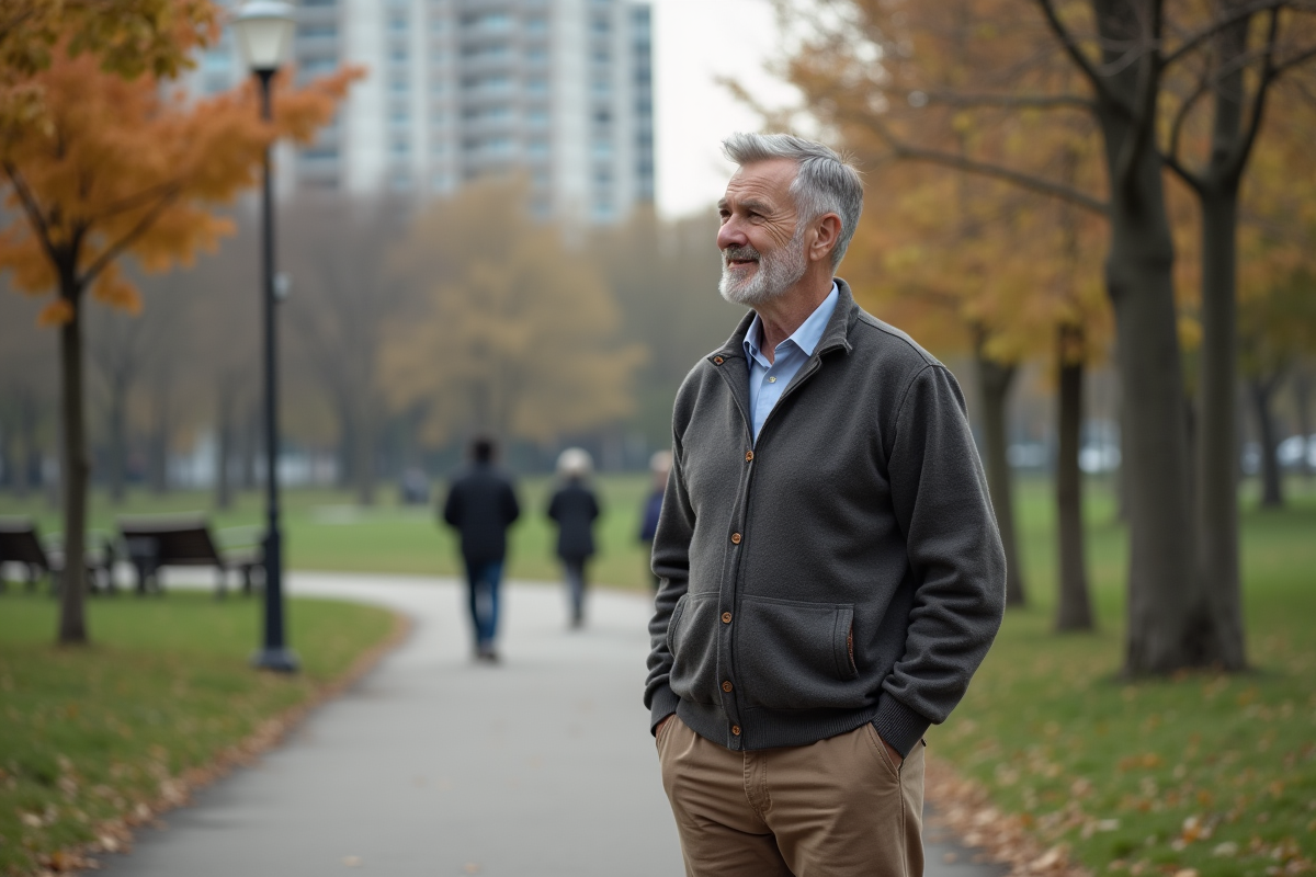 Homme âgé contemplant dans un parc urbain