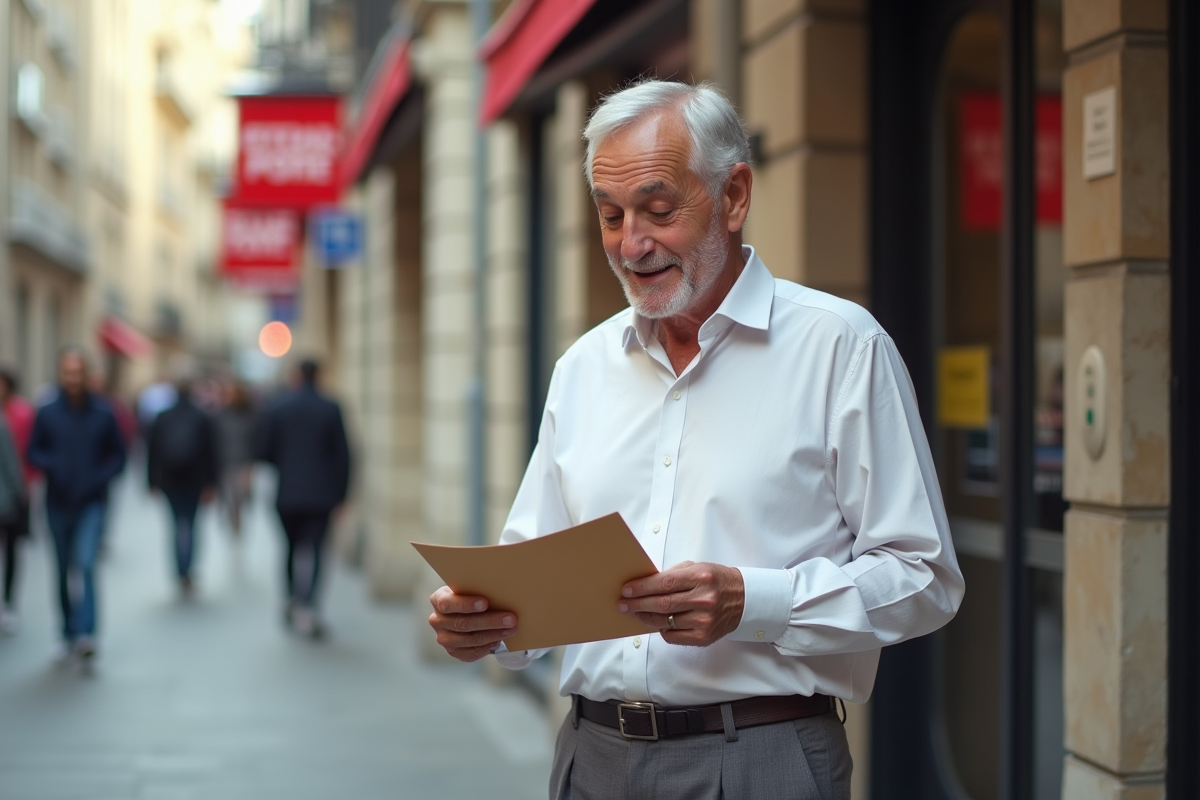 Homme âgé vérifiant une enveloppe à la poste en extérieur