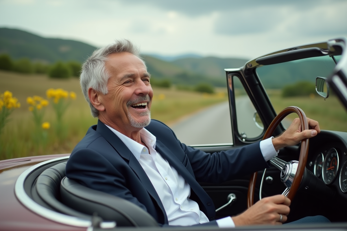 Homme de 60 ans souriant dans une voiture ancienne