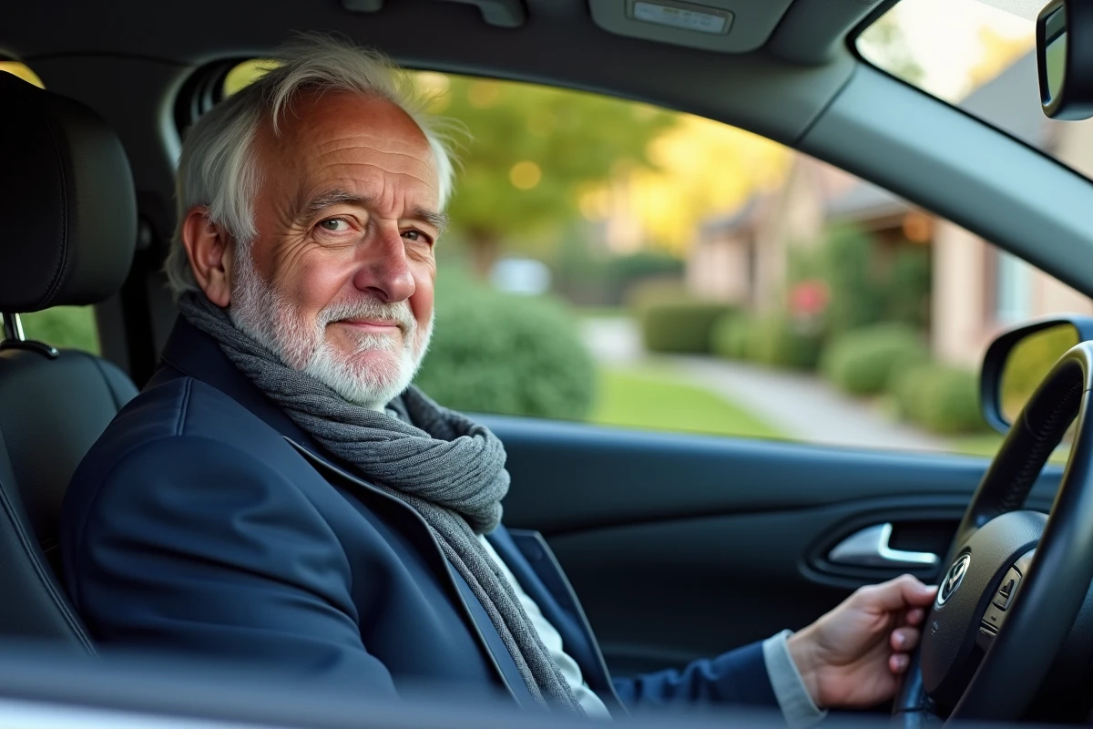 Homme âgé souriant dans sa voiture dans un quartier résidentiel