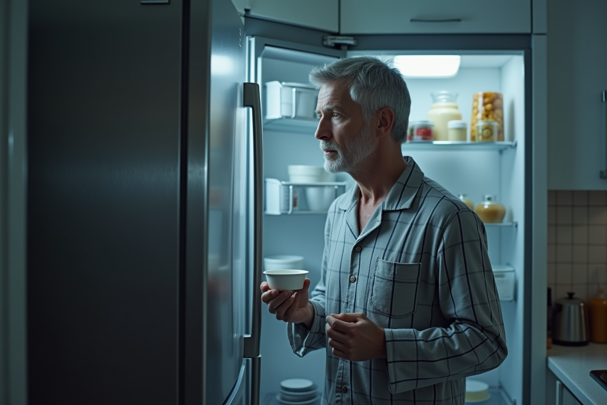 Homme en pyjama tenant un yogourt devant le frigo