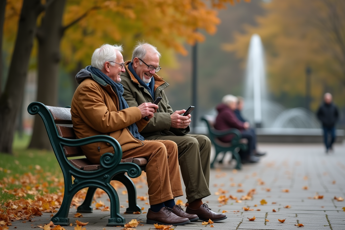 Deux hommes seniors riant en montrant un téléphone dans un parc