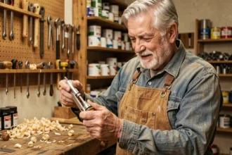 Homme de 60 ans bricoleur examinant un outil de précision dans son atelier de menuiserie maison, idée cadeau Noël