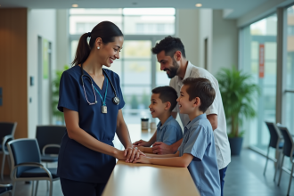 Infirmière souriante accueillant un jeune garçon à l'hôpital