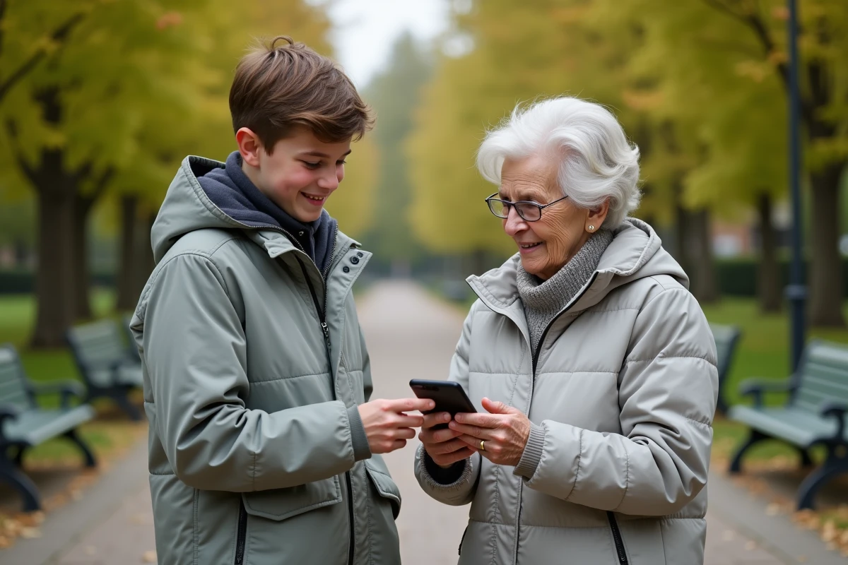 Jeune montrant une application GPS à sa grand-mère dans un parc