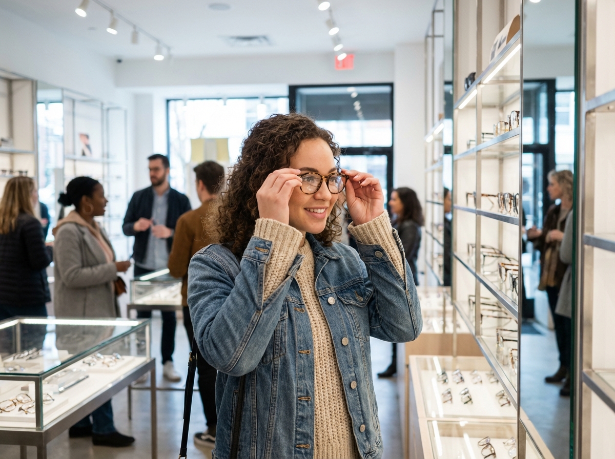 Jeune femme essayant des lunettes dans un magasin moderne