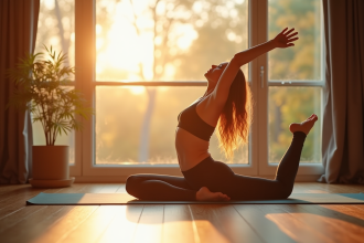 Jeune femme faisant du yoga au matin dans un environnement paisible