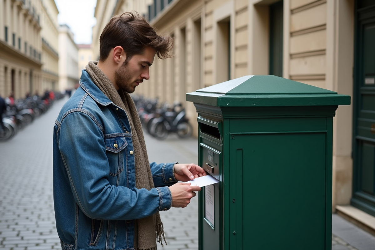 Jeune homme déposant une enveloppe dans une boîte aux lettres