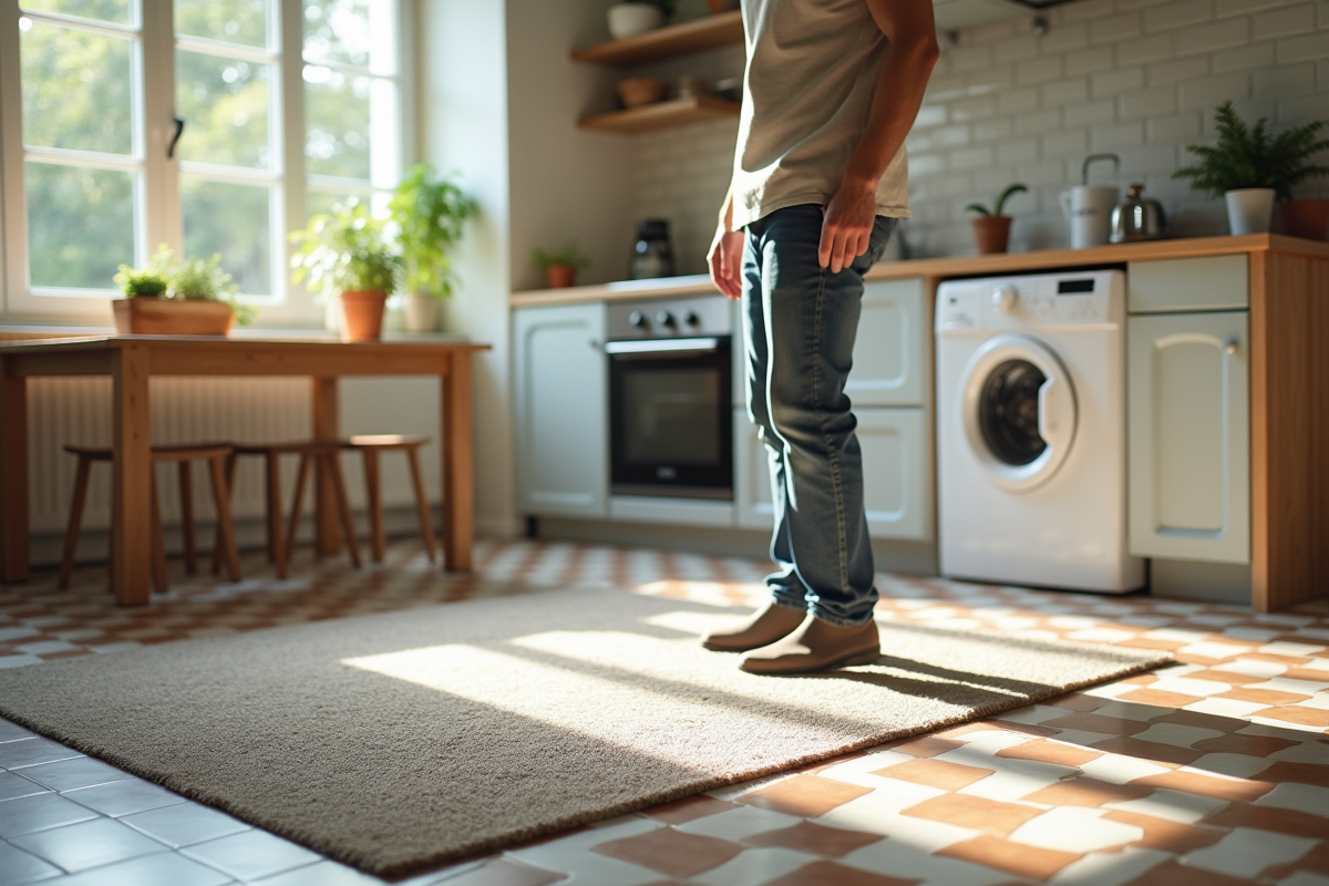 Jeune homme testant un tapis antidérapant dans la cuisine