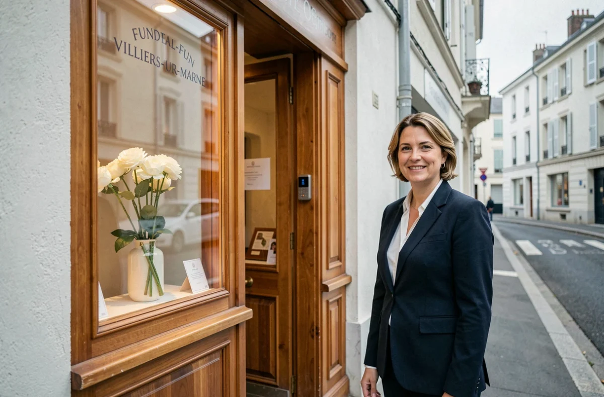 Devanture de l'entreprise Joaquim Cardoso à Villiers-sur-Marne, conseillère funéraire devant l'entrée