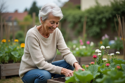 Femme âgée dans son jardin ensoleille