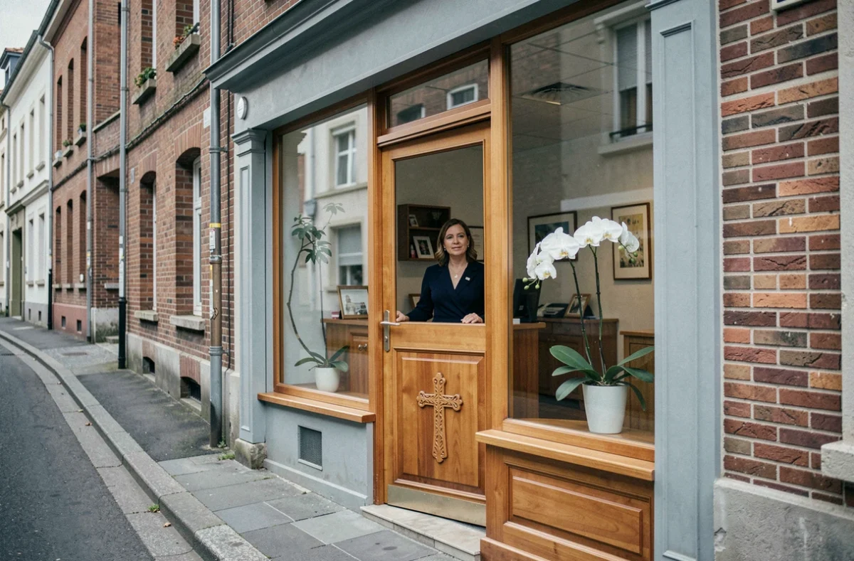 Vitrine apaisante de l'entreprise Komitas à Alfortville, conseillère funéraire visible à travers la devanture
