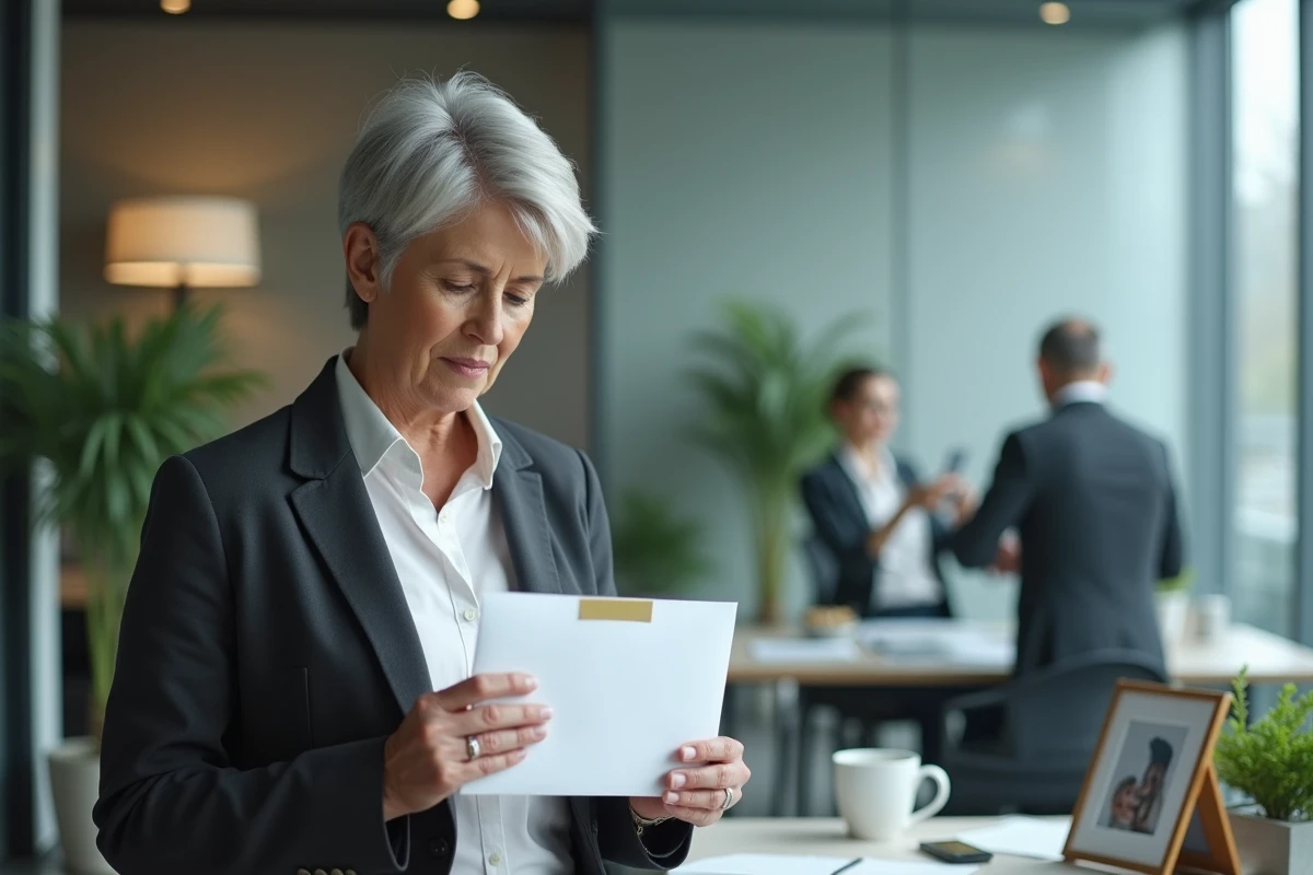 Femme cadre tenant une enveloppe de lettre de démission retraite dans un bureau open space moderne