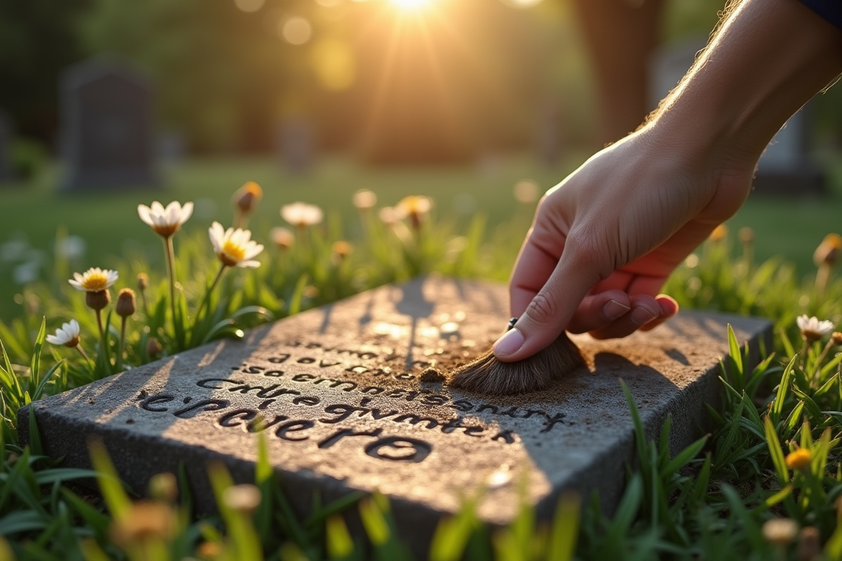  main délicatement nettoyant une pierre tombale dans un cimetière rural