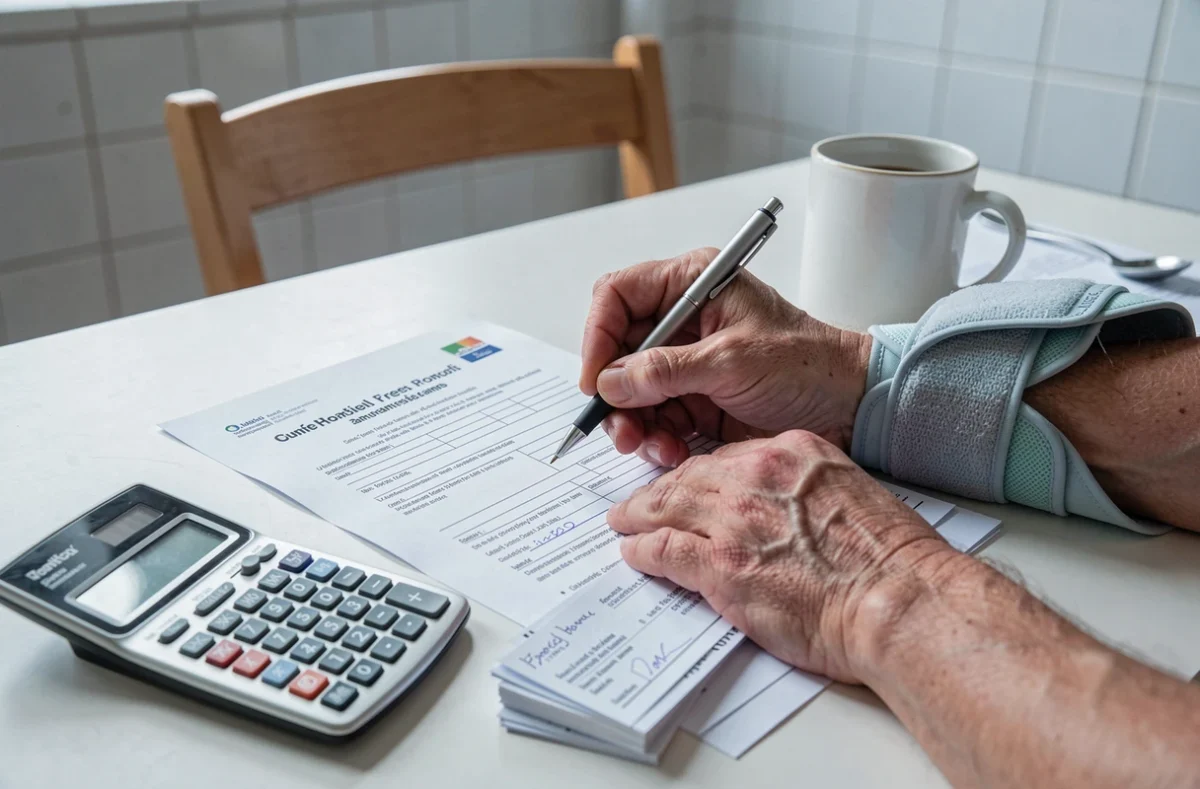 Mains d'une personne handicapée remplissant un formulaire administratif pour la prime d'activité avec des fiches de paie et une calculatrice sur la table