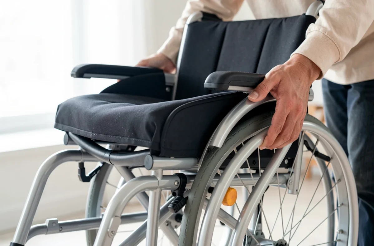 Mains relevant l'assise d'un fauteuil roulant pour le plier