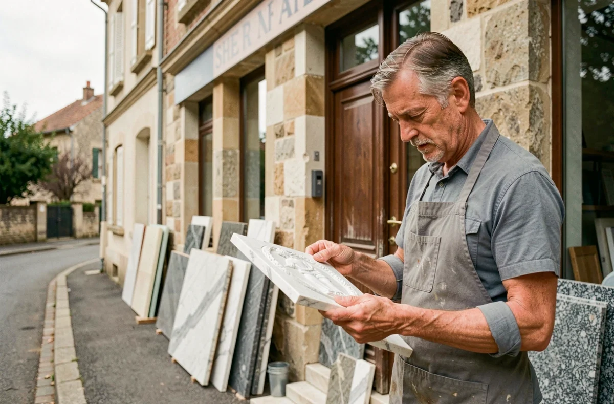 Artisan de la Marbrerie de Fresnes examinant des échantillons de marbre devant l'atelier, Fresnes, Val-de-Marne