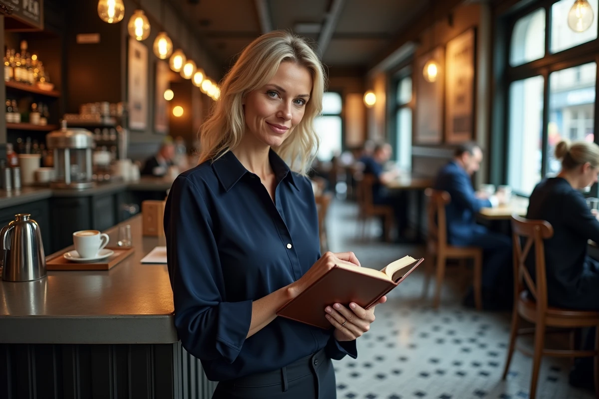 Femme membre de Quintonic Lyon prenant des notes dans un café typiquement français