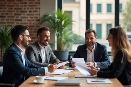 Groupe de membres Quintonic Lyon en réunion de réseau dans un espace de coworking moderne