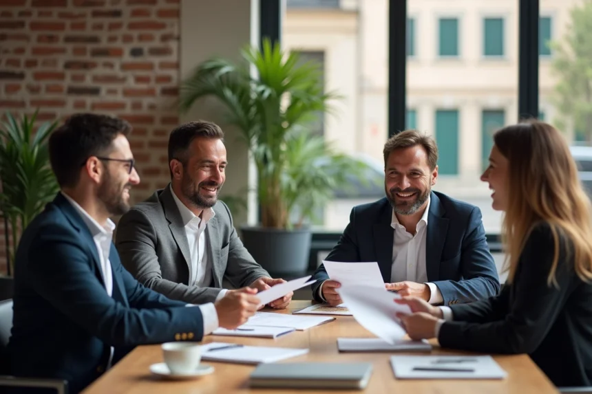Groupe de membres Quintonic Lyon en réunion de réseau dans un espace de coworking moderne