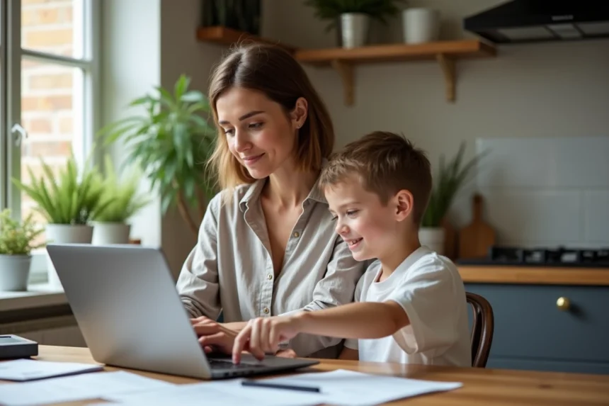 Mère monoparentale et son fils adolescent consultant des documents sur le chèque vacances Scolinfo à la maison
