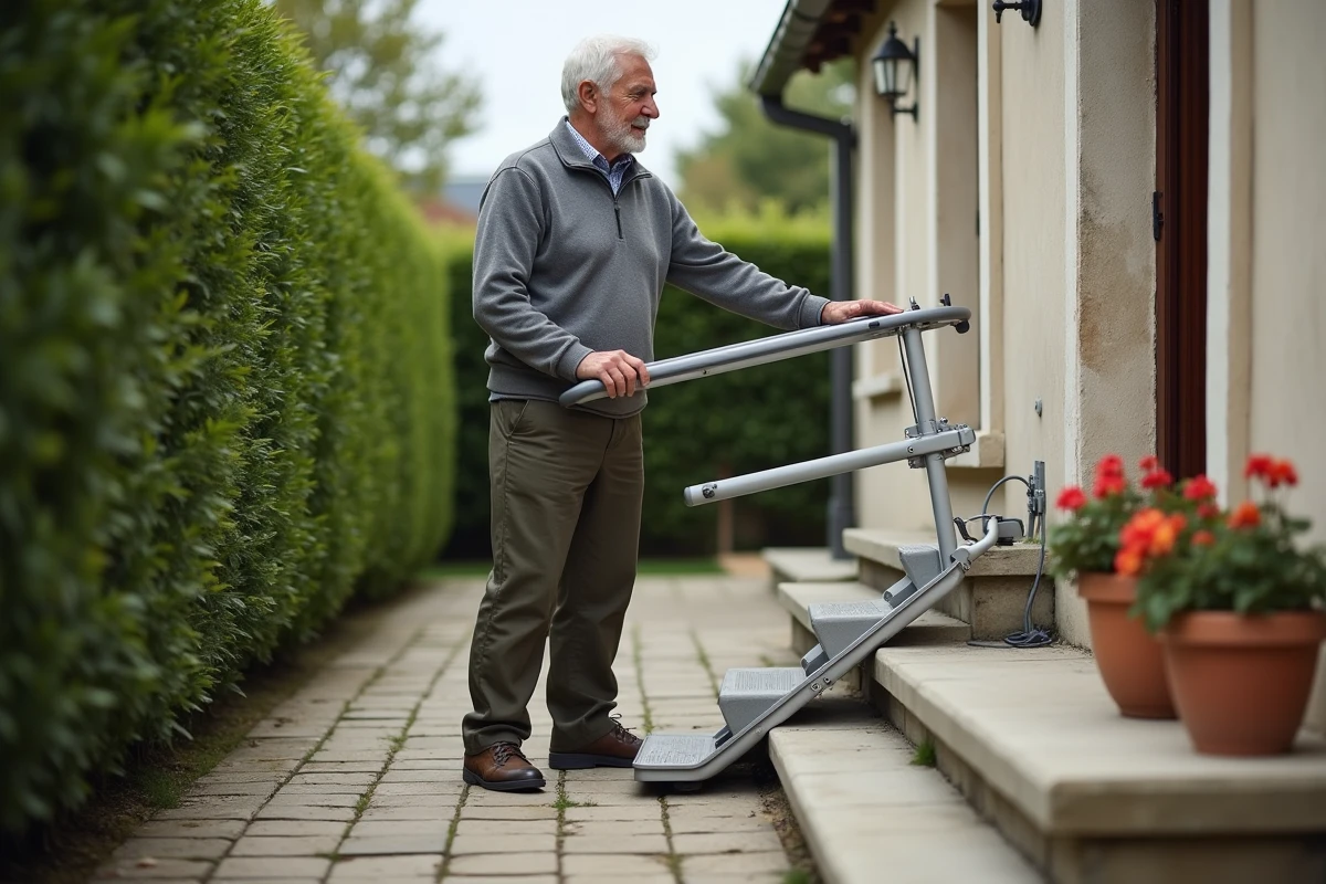 Homme senior testant un monte escaliers portatif sans installation devant une maison française