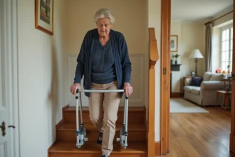 Femme âgée utilisant un monte escaliers portable sans installation dans un intérieur français classique