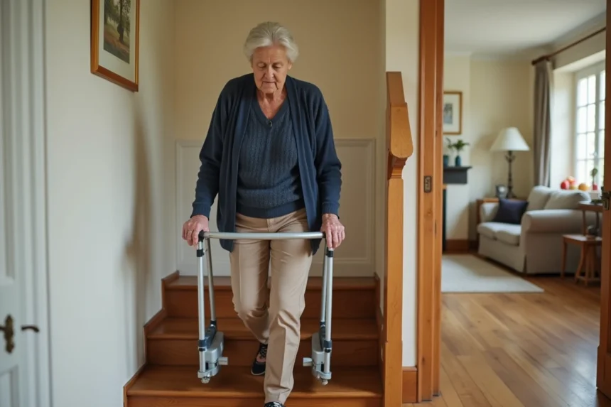 Femme âgée utilisant un monte escaliers portable sans installation dans un intérieur français classique