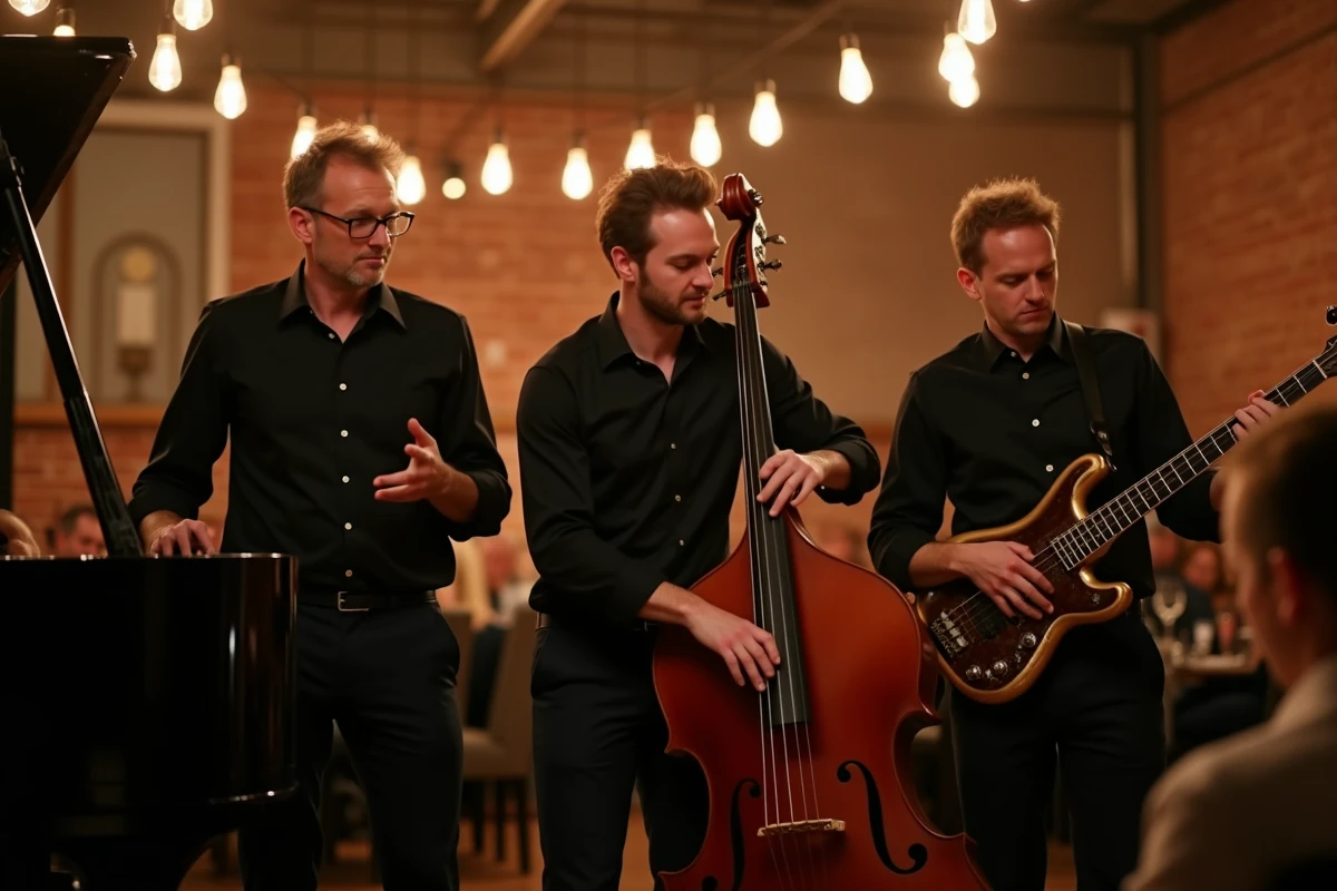 Groupe de jazz jouant en live lors d'une soirée de départ à la retraite dans un espace événementiel au décor industriel