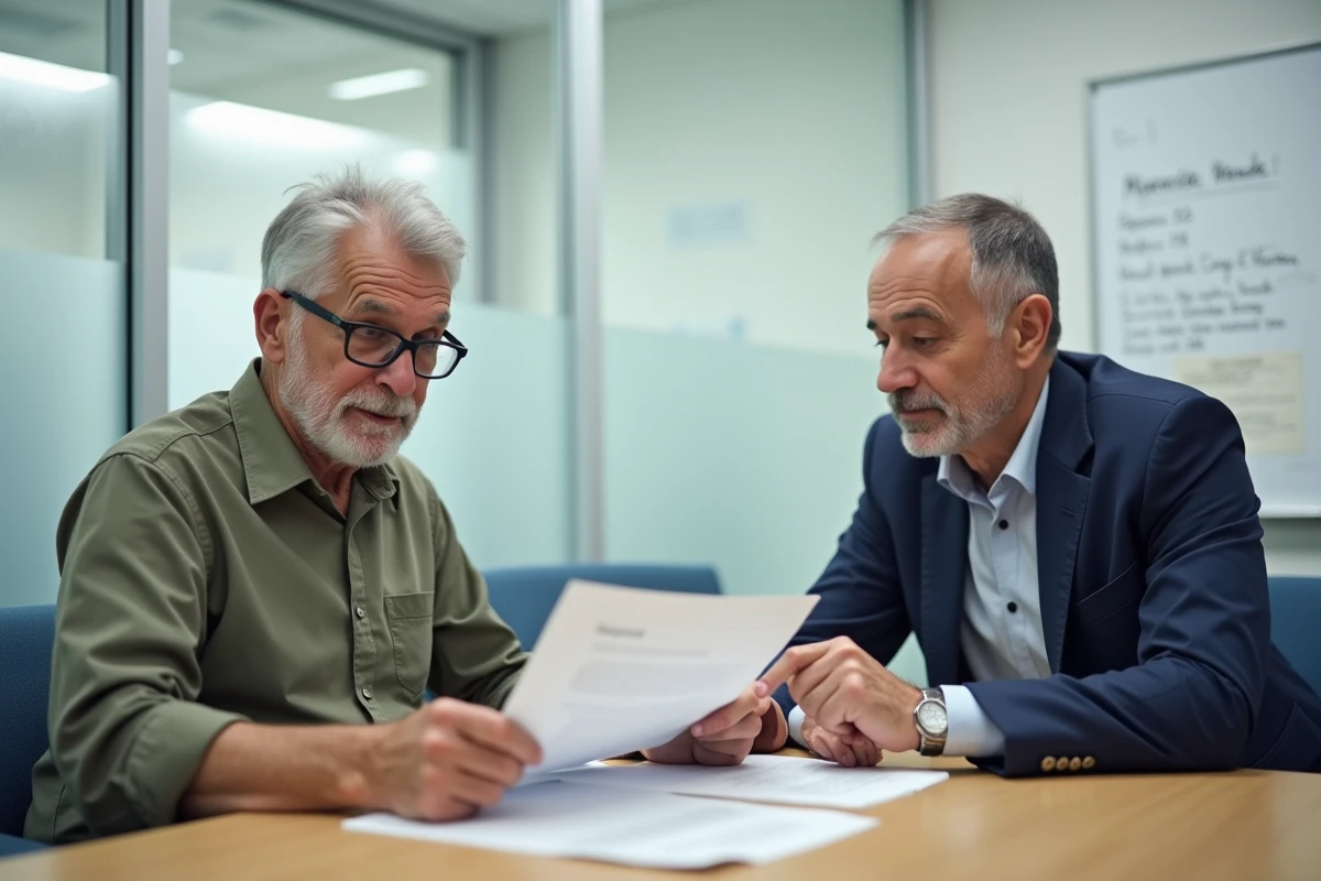 Un homme âgé en réunion administrative avec un responsable d'établissement pour examiner les obligations légales de la charte de la personne âgée