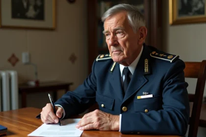 Homme en uniforme gendarmerie assis à une table avec documents