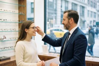 Opticien ajustant des lunettes dans une boutique élégante