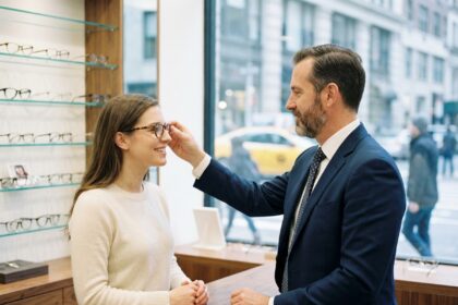 Opticien ajustant des lunettes dans une boutique élégante