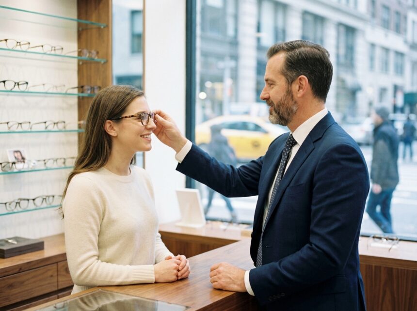 Opticien ajustant des lunettes dans une boutique élégante