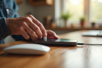 Personne agee branchant un telephone Doro sur un chargeur moderne