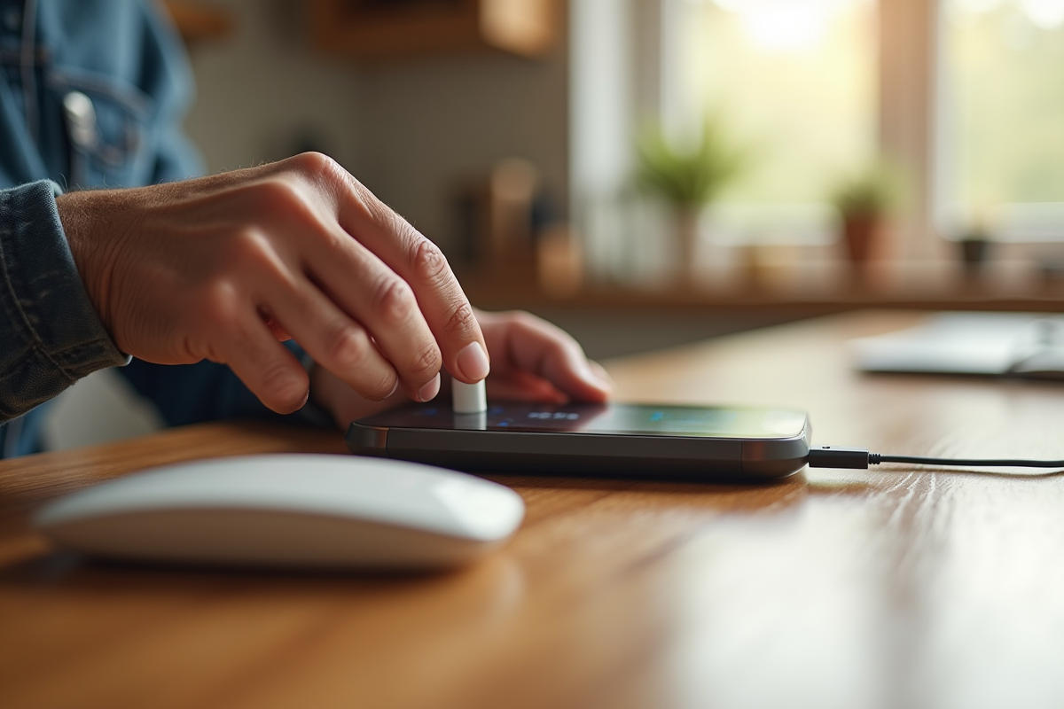 Personne agee branchant un telephone Doro sur un chargeur moderne