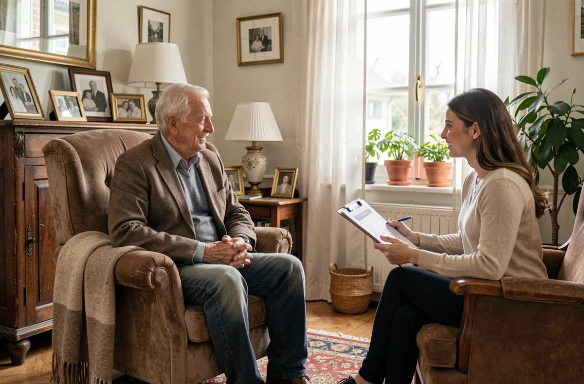 Personne âgée et auxiliaire de vie discutant d'un questionnaire de satisfaction sur les interventions à domicile dans un salon français
