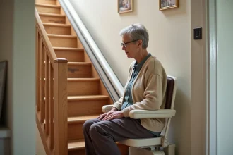 Femme agee assise sur un monte-escalier moderne dans une maison lumineuse