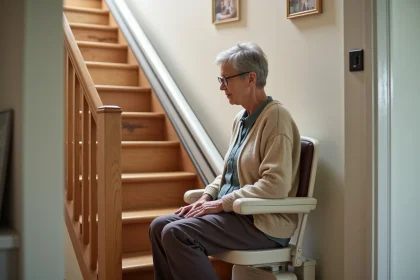 Femme agee assise sur un monte-escalier moderne dans une maison lumineuse