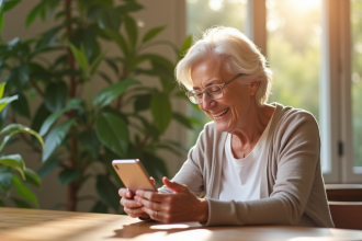 Personne agee souriante utilisant un téléphone Doro moderne
