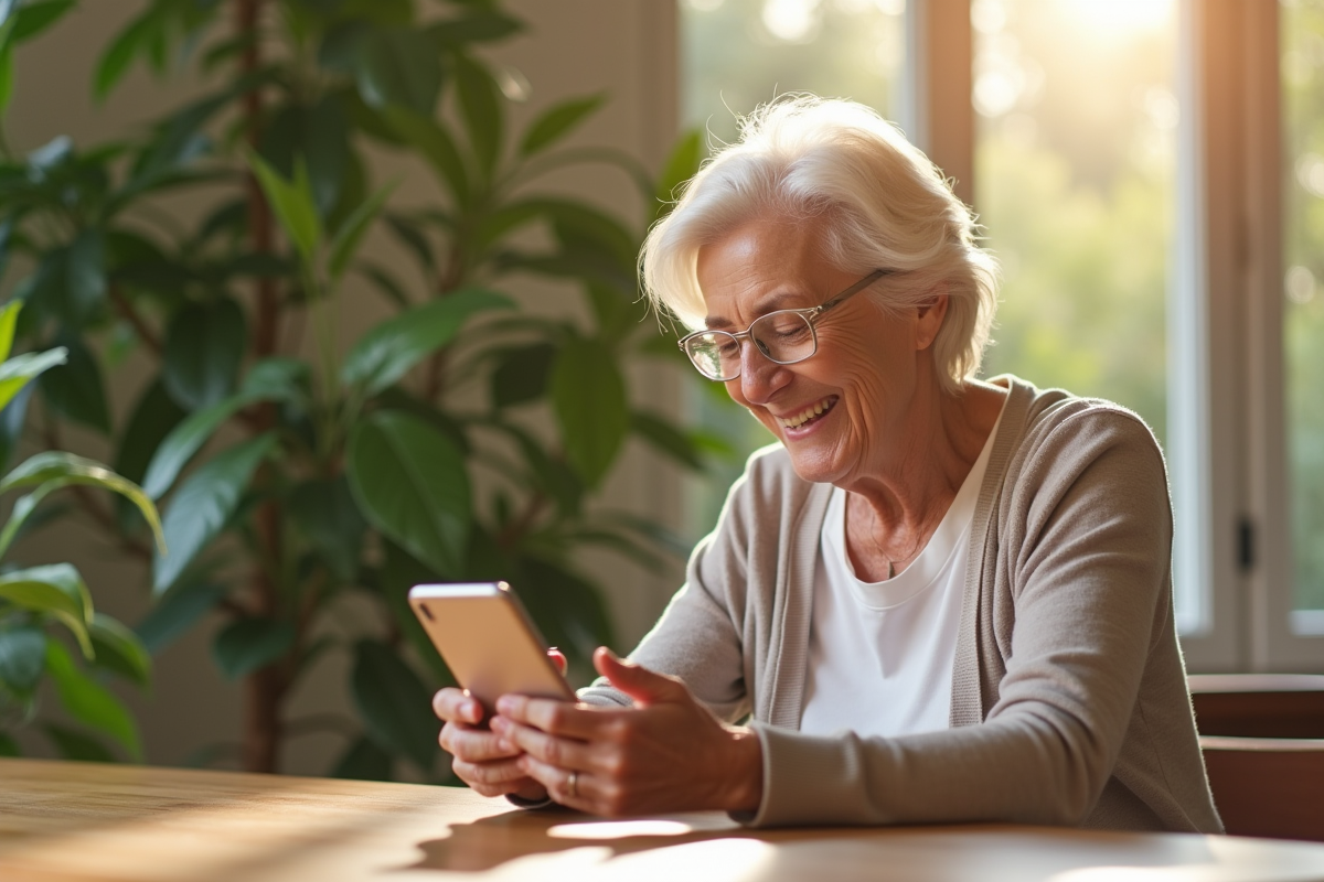 Personne agee souriante utilisant un téléphone Doro moderne