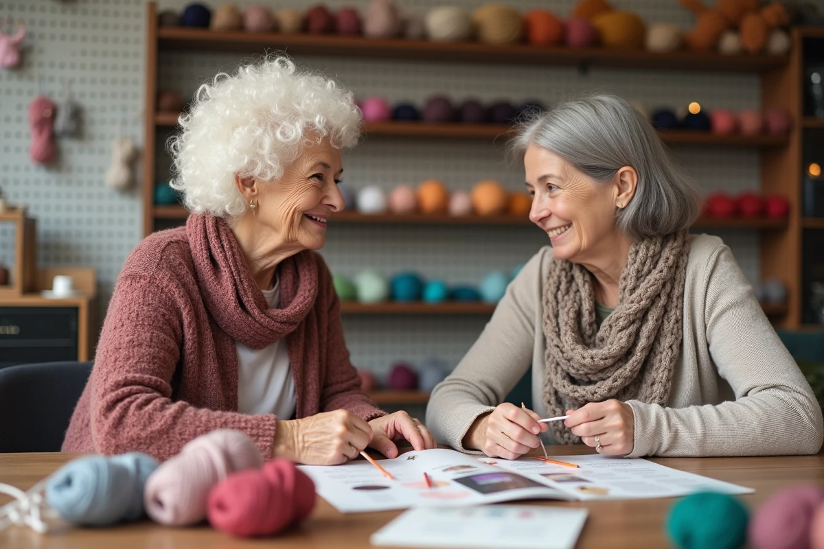 Deux femmes âgées comparant du matériel de tricot dans un magasin de loisirs créatifs