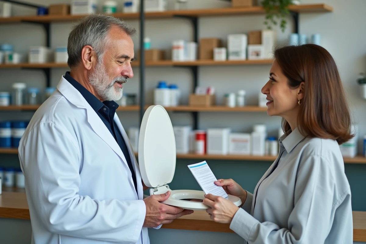 Pharmacien explique un siège surélevé à une femme dans une pharmacie lumineuse