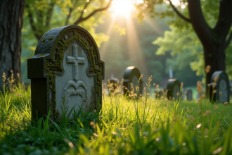 pierre ancienne recouverte de mousse dans un cimetière paisible