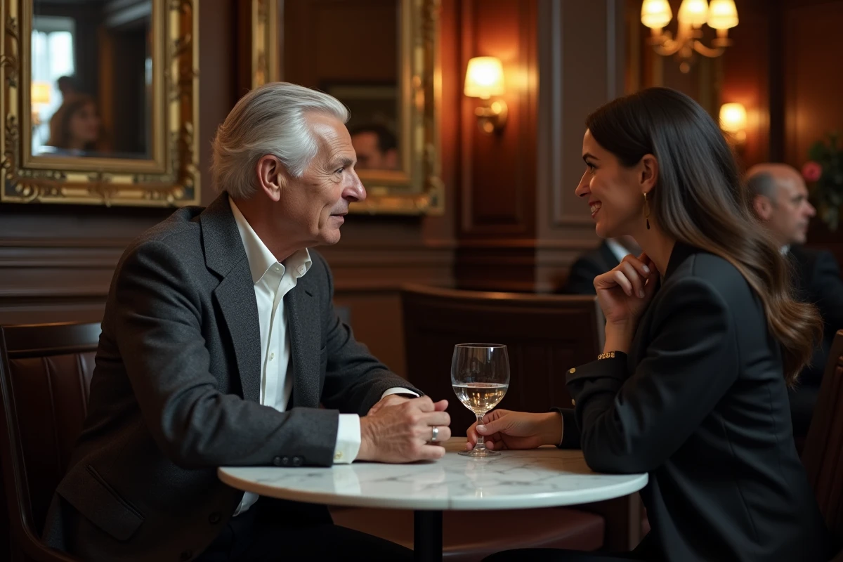 Couple discret dînant dans une brasserie parisienne chic, illustrant une histoire d'amour confidentielle