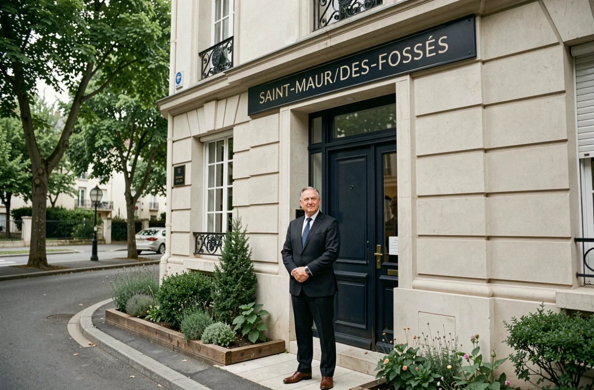 Directeur funéraire devant les Pompes Funèbres Privées à Saint-Maur-des-Fossés, Val-de-Marne