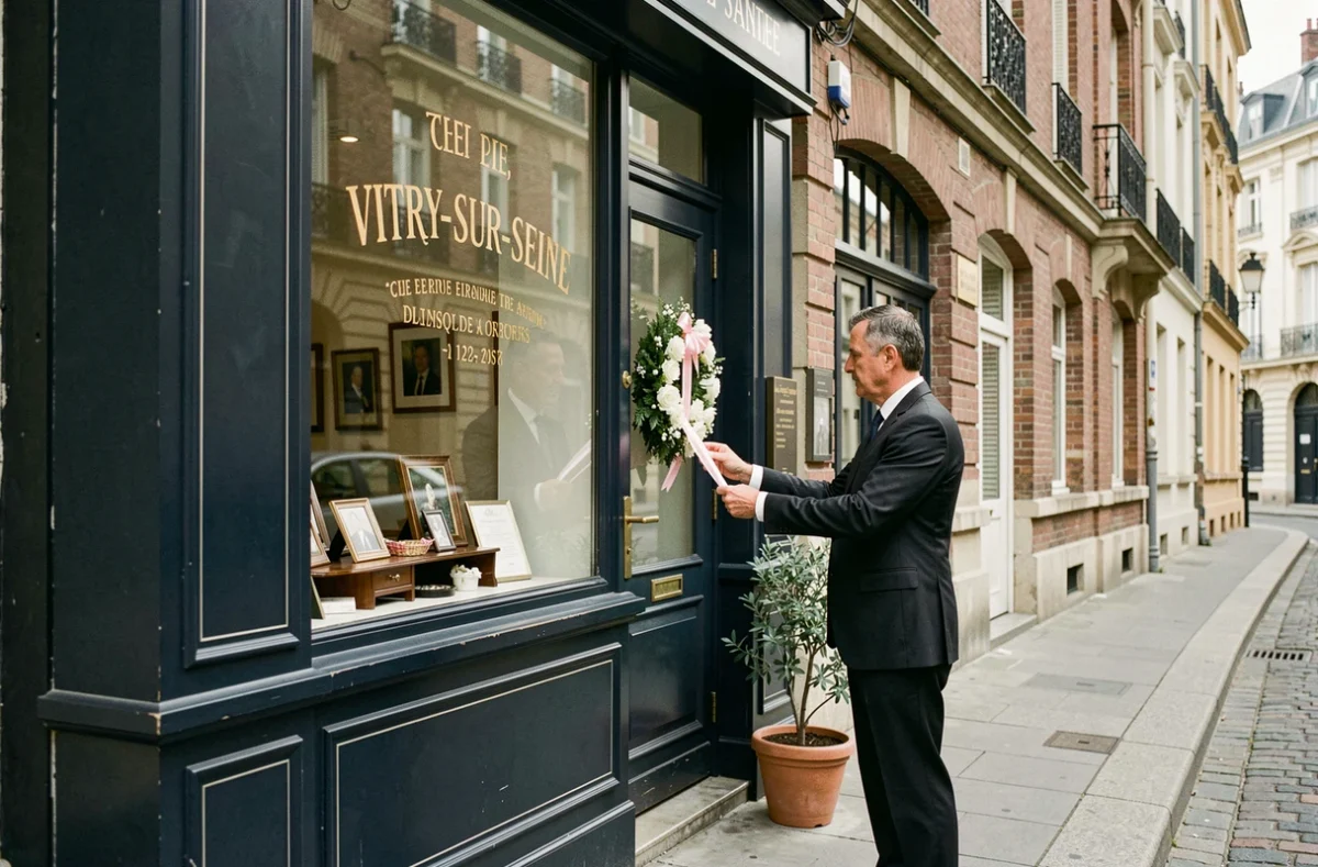 Façade des Pompes Funèbres Simon à Vitry-sur-Seine avec employé arrangeant la vitrine